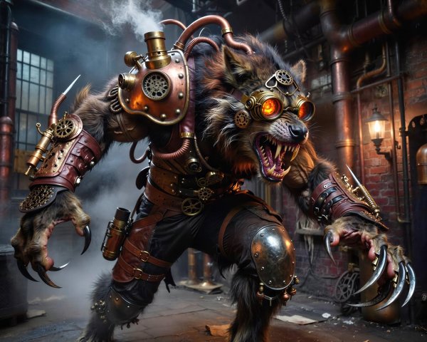 Steampunk Werewolf in Industrial Workshop Setting