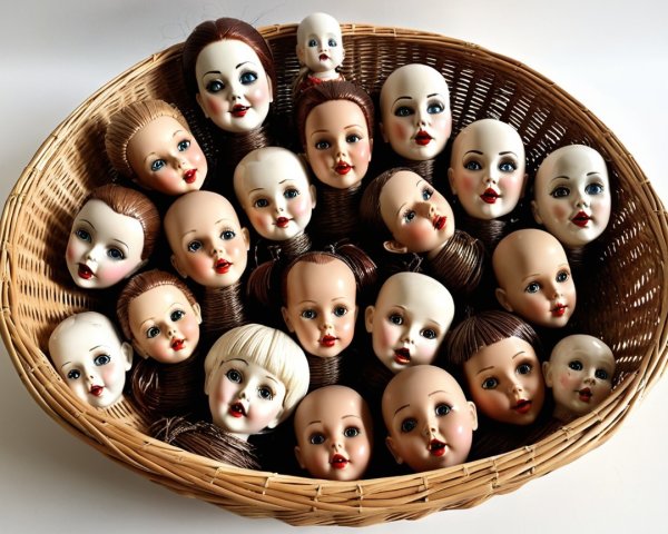 Vintage Dolls' Heads in Woven Basket Display