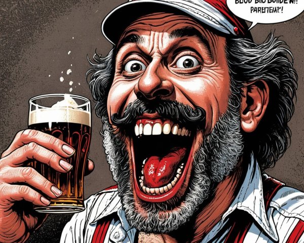 Jovial man with mustache and beer in vibrant setting