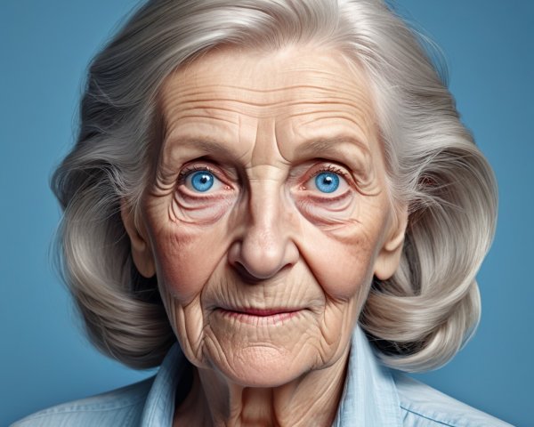 Close-up of an elderly woman with blue eyes and silver hair