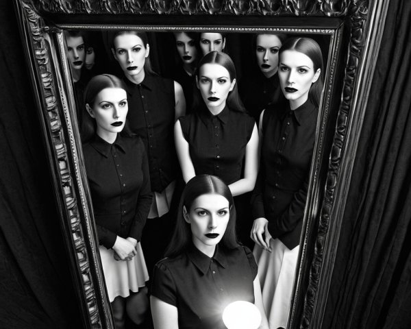 Identical Women in Black-and-White Mirror Scene