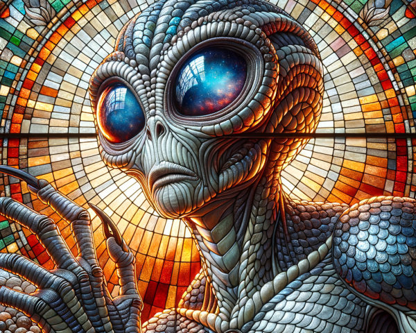 Stylized alien figure with cosmic eyes and stained glass
