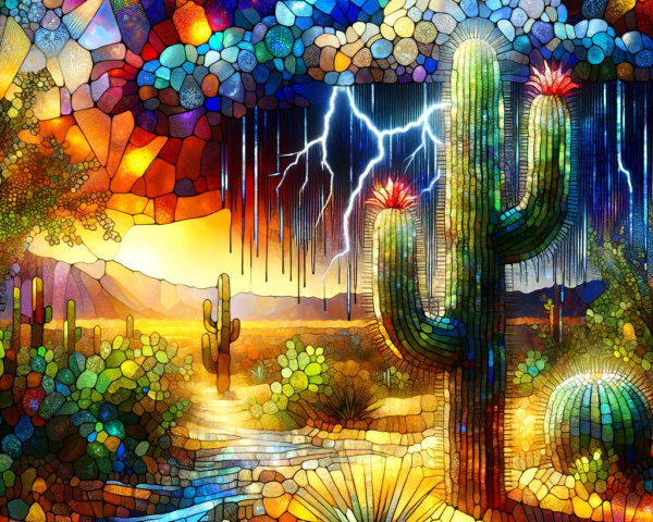 Vibrant Stained Glass Desert Landscape at Sunset