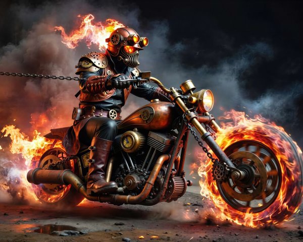 Steampunk biker on flaming motorcycle in dark setting