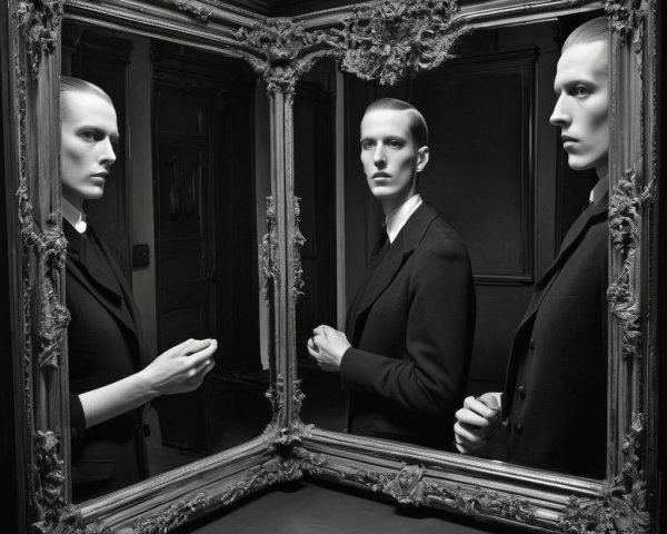 Androgynous Figure in Tailored Suit Reflecting in Mirror