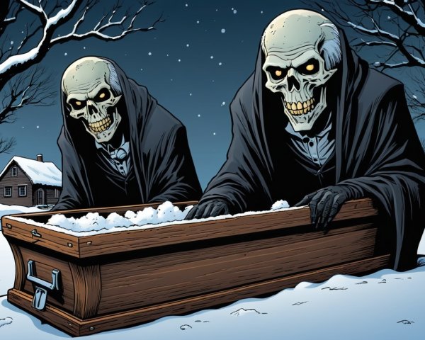Skeletal Figures by Coffin in Snowy Landscape Scene