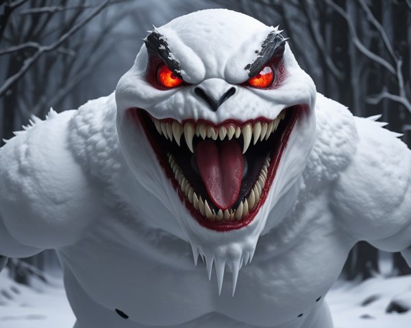 Menacing Portrait of a Monstrous Yeti with Red Eyes