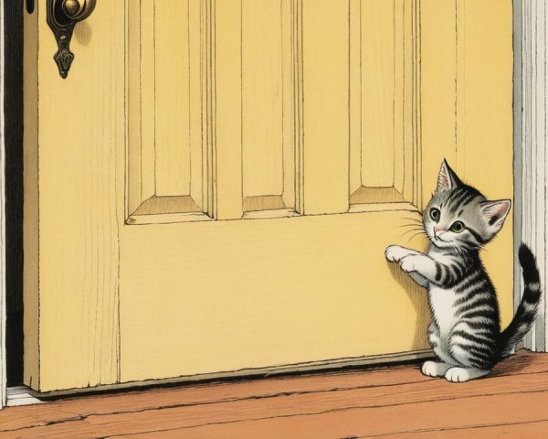Fluffy Grey Tabby Kitten Scratching Light Yellow Door