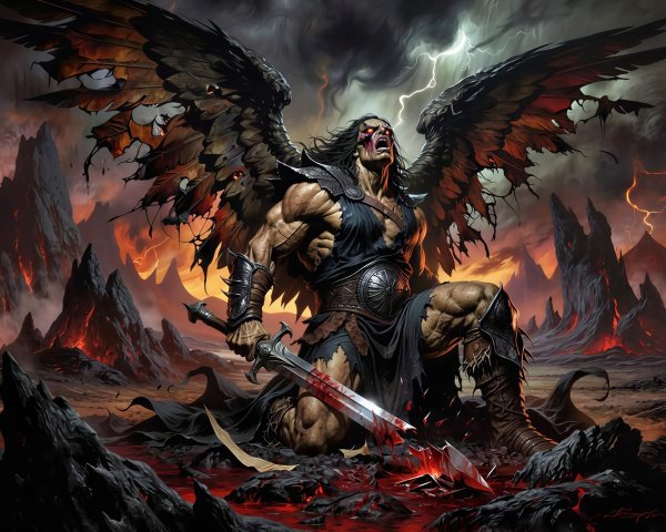 Muscular Barbarian Warrior in Fiery Apocalyptic Scene