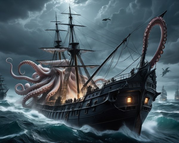 Giant Kraken Attacking Pirate Ship in Stormy Sea