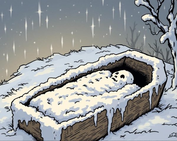 Snowy Scene with Wooden Coffin and Leafless Tree