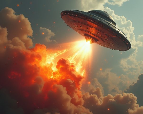 Futuristic UFO in Dramatic Sky with Flames and Smoke