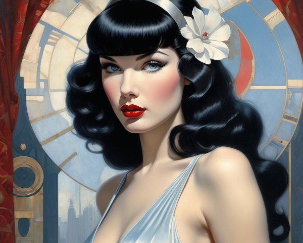 Elegant Woman in Silver Dress with Art Deco Background