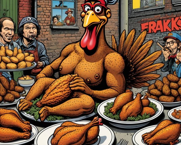 Muscular Chicken Chef Surrounded by Roasted Chickens