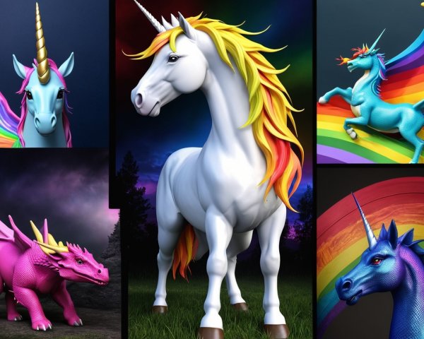 Vibrant Collage of Mythical Creatures and Unicorns