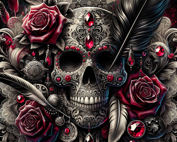 Ornate Skull with Roses and Jewels on Dark Background