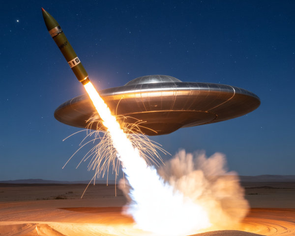 Surreal Desert Scene with UFO and Rocket Launch