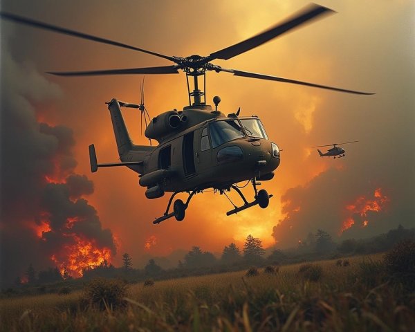 Military Helicopter Over Wildfire with Dramatic Sky