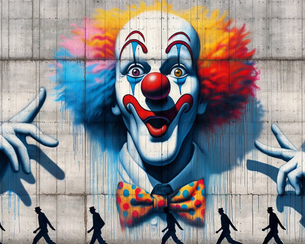 Colorful Mural of Clown with Silhouetted Figures