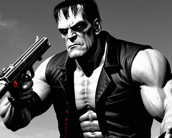 Muscular Character with Handgun in Dramatic Setting