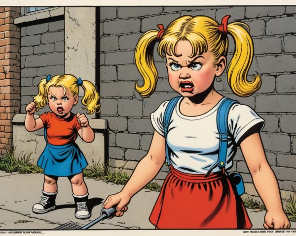Cartoon Scene of Two Girls on a Sidewalk with Fork