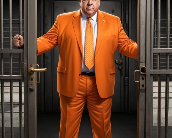 Man in Orange Suit Between Open Jail Cell Doors