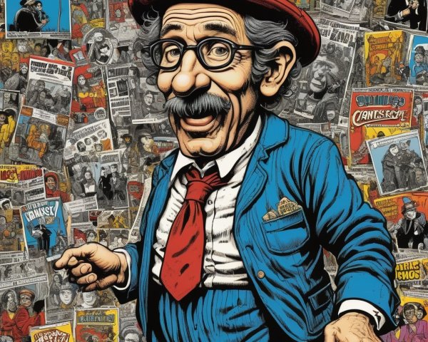 Cartoon Character in Suit Surrounded by Comedy Posters