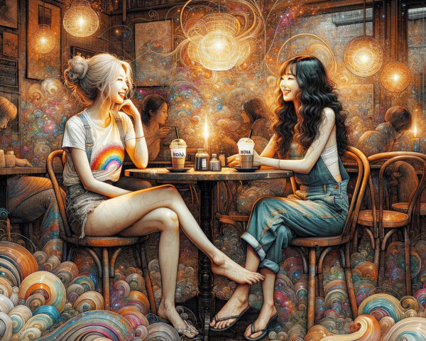 Friends Enjoying Laughter in a Cozy Café Setting