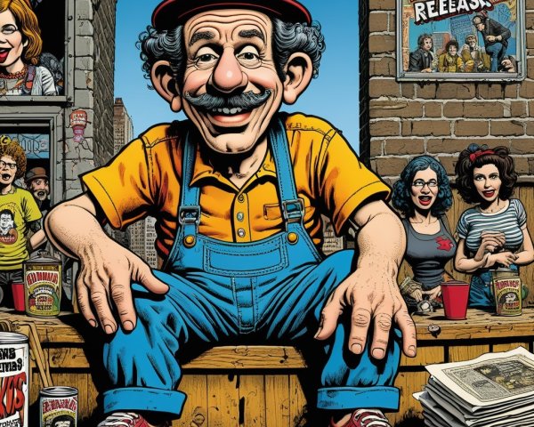 Cheerful Cartoon Man on Bench with Diverse Crowd