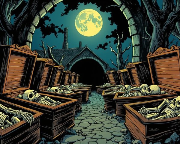 Eerie Graveyard Scene with Open Coffins and Moonlight