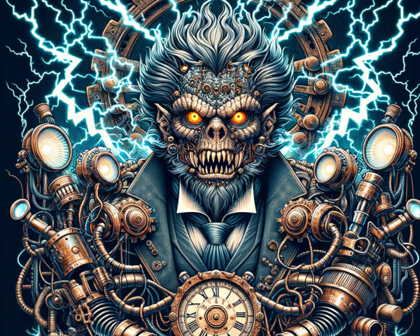 Humanoid figure with skull face and steampunk attire