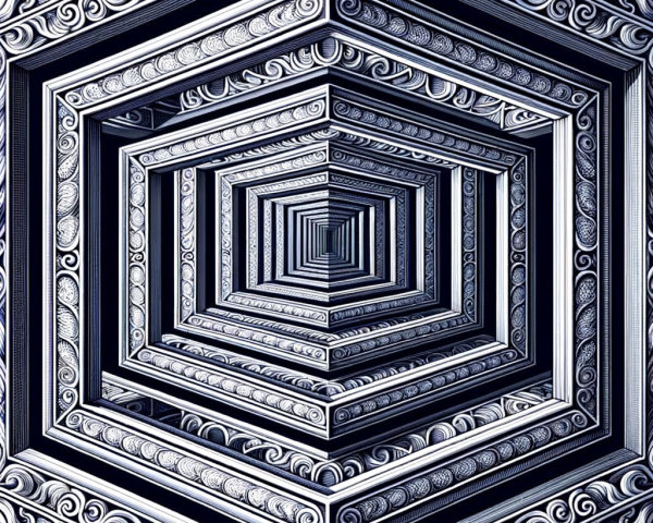 Hexagonal Frames with Ornate Designs and Depth Illusion