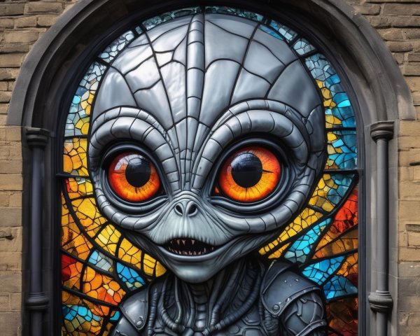 Stained Glass Window of Cartoonish Alien Design