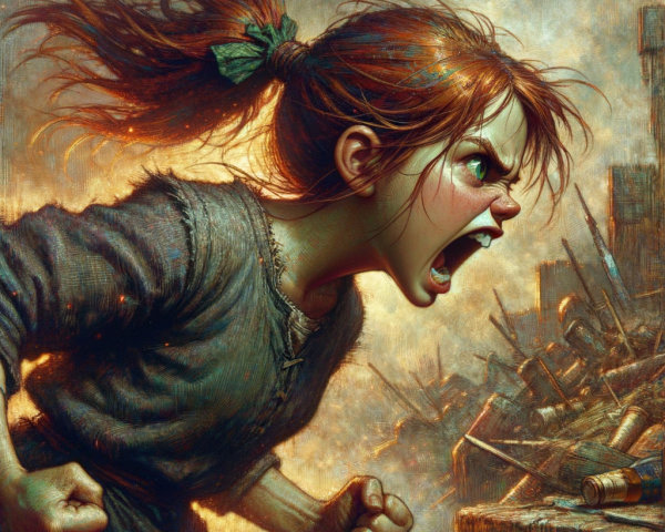 Young girl with red hair expressing intense anger