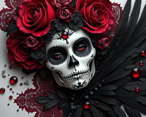 Intricate Sugar Skull with Roses and Lace Backdrop