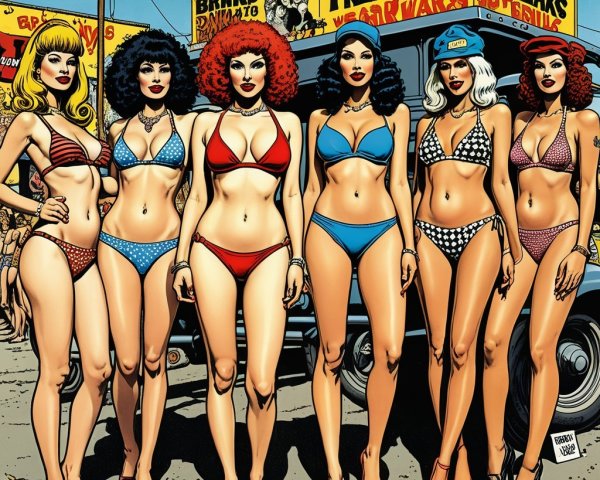 Retro Scene of Women in Vibrant Bikinis and Ads