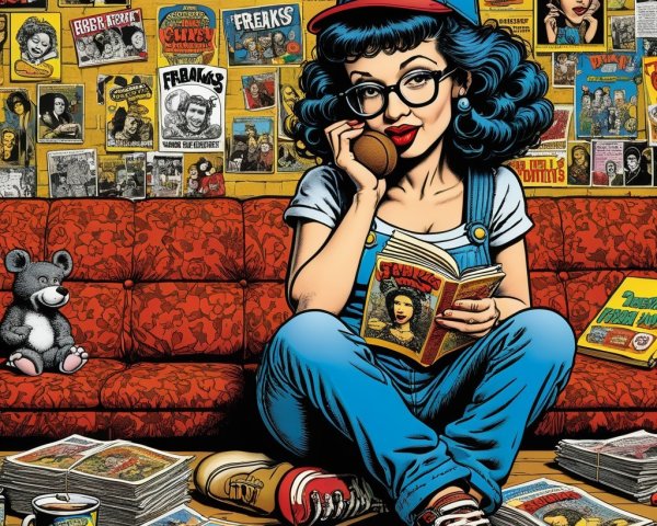 Young Woman Reading Comic on Red Couch with Vintage Decor
