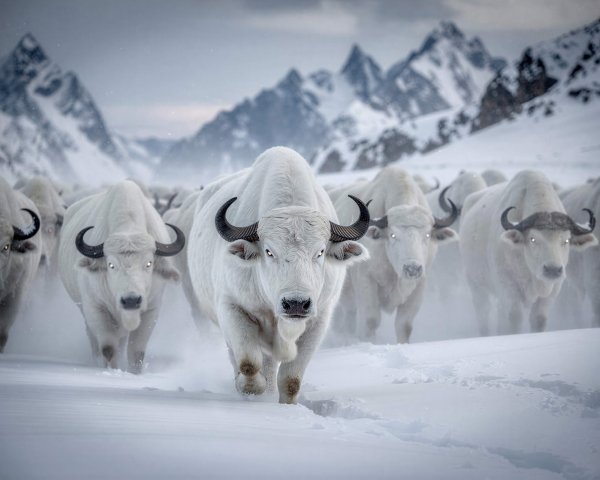 Herd of White Buffalo in Snowy Mountain Landscape