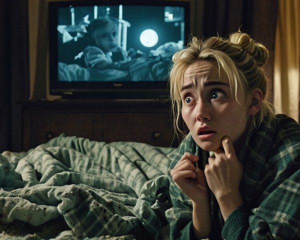 Young Woman's Apprehension in Dimly Lit Room