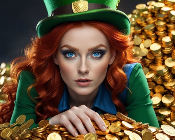 Young woman with ginger hair and leprechaun hat among gold coins