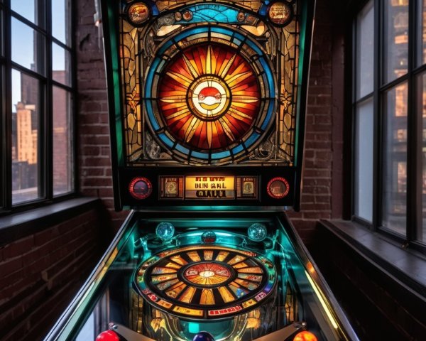 Vibrant Pinball Machine with Stained Glass Designs