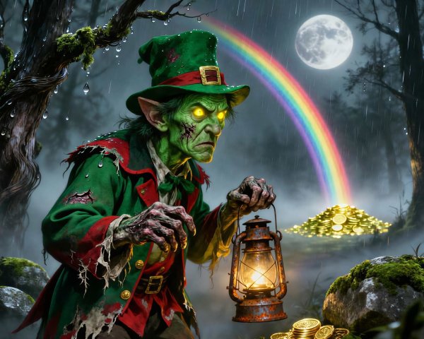 Zombie Leprechaun in Rainy Forest with Rainbow and Gold