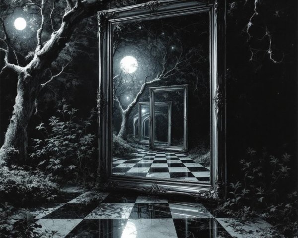 Surreal Dark Landscape with Ornate Reflective Mirrors