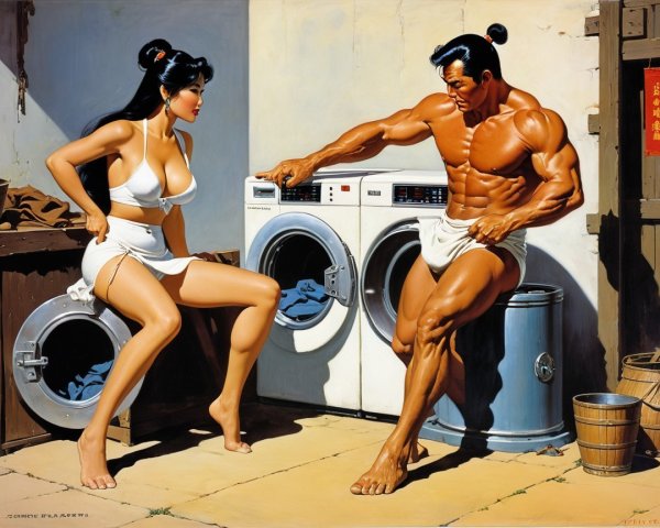 Muscular Man and Woman Playfully Interact in Laundry