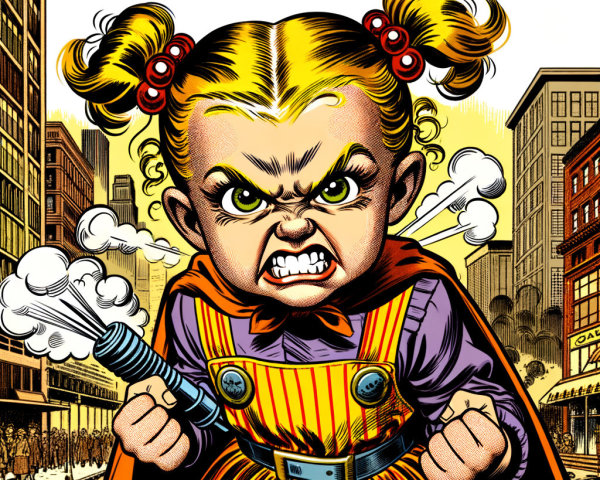 Furious Cartoon Girl in City with Toy Ray Gun