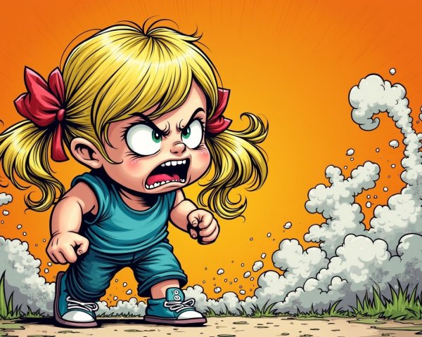Fierce Girl with Pigtails Stomping on a Path