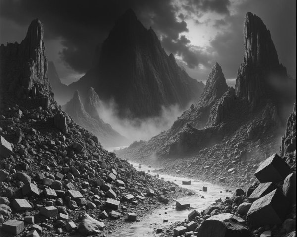 Dramatic Grayscale Landscape with Jagged Mountains