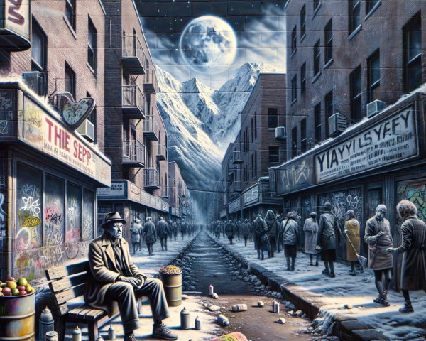 Urban Street Scene with Graffiti and Mountain Backdrop