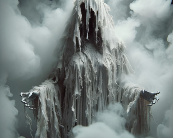 Ghostly Figure in Tattered Fabric Amidst Misty Clouds