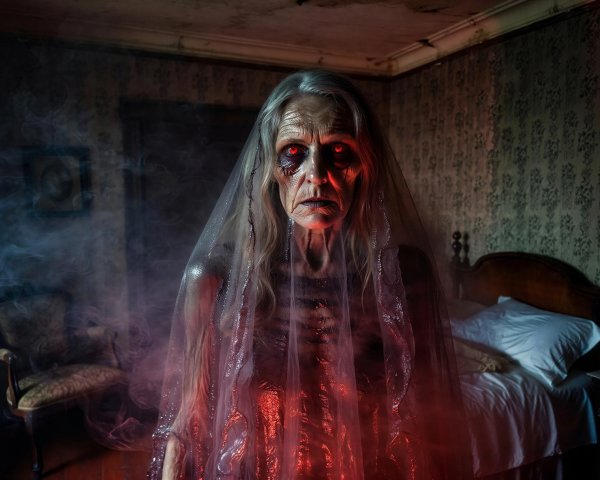 Ghoulish Old Woman in Dimly Lit Eerie Bedroom